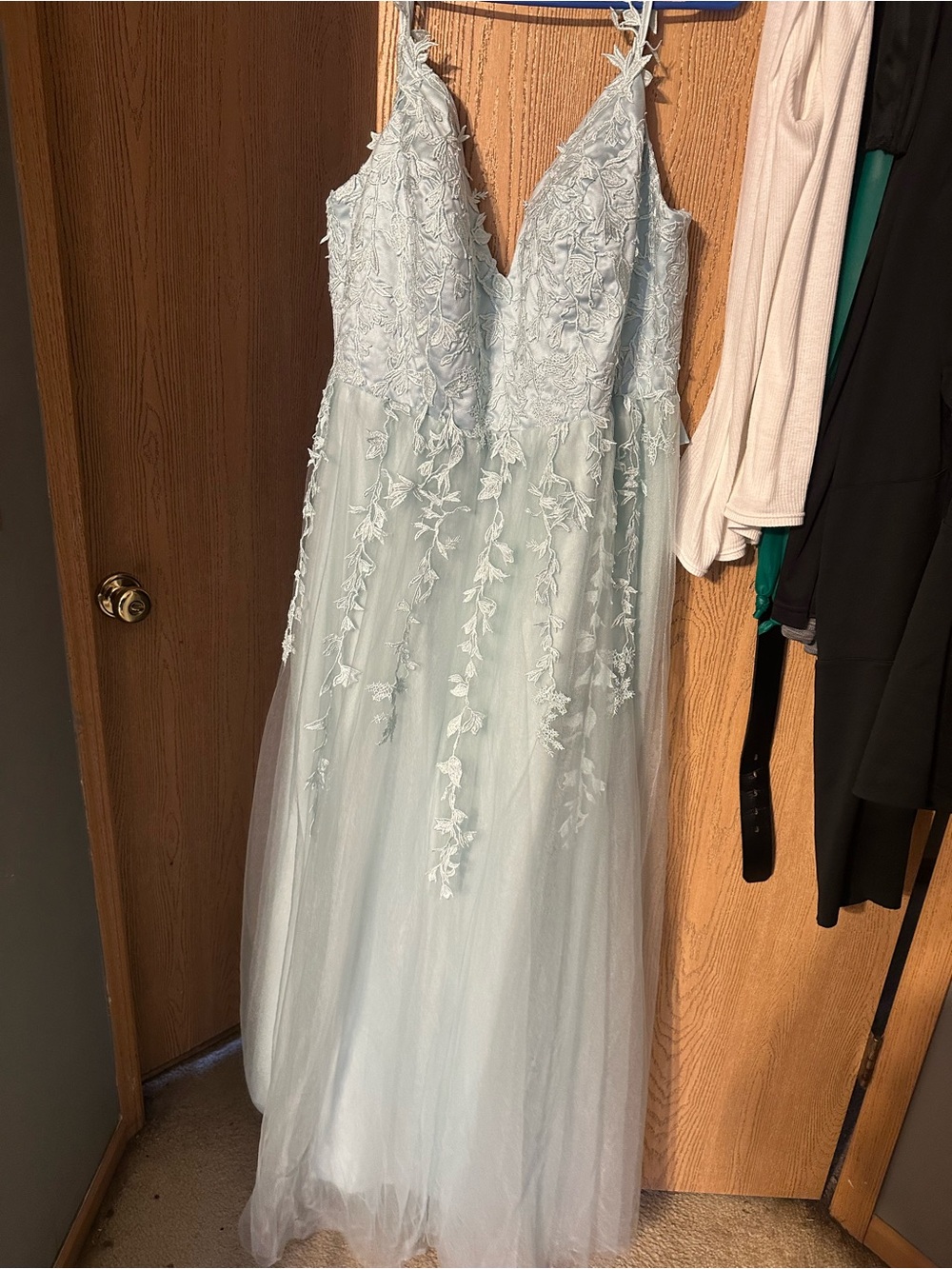 Light Blue Lace Applique V-Neck Tulle Dress